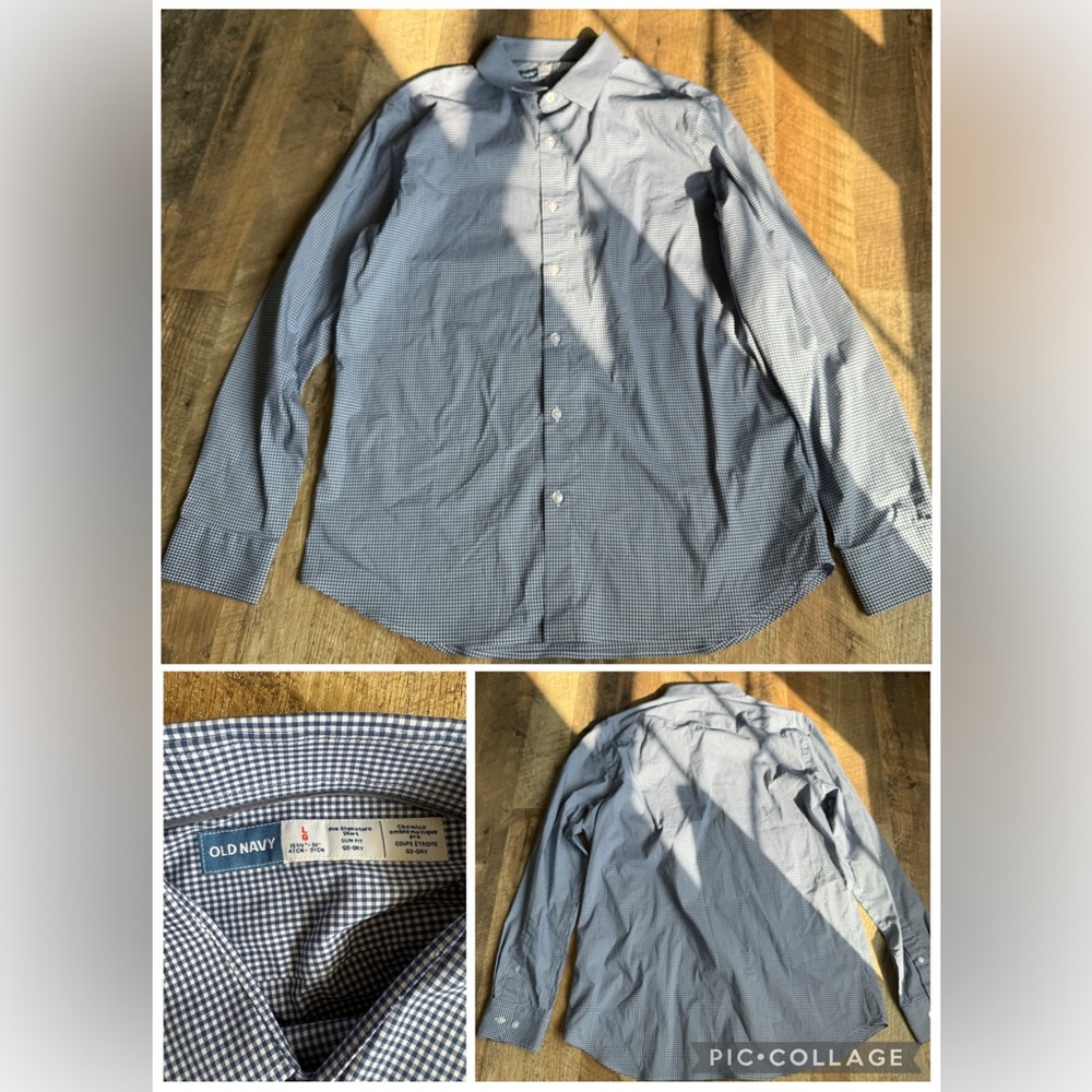 Old Navy Men's Navy Blue & White Checkered Button-Down Shirt Large Slim Fit